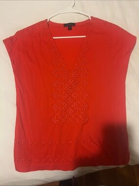 J. Crew Red Eyelet V-Neck Embroidered Blouse